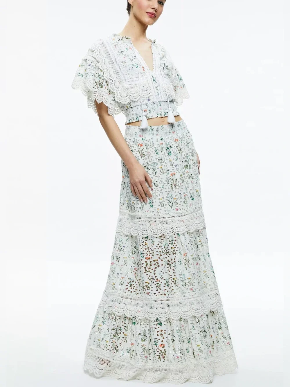 Alice + Olivia Tabitha Lace Floral Print Crop Top and Maxi Skirt Set | S